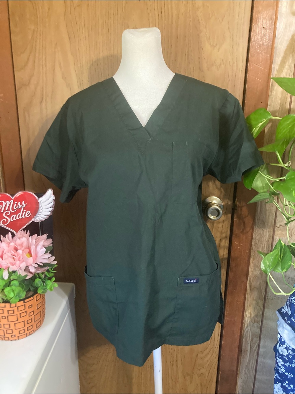Dark Green V-Neck Medical Scrub Top with Patch Pockets